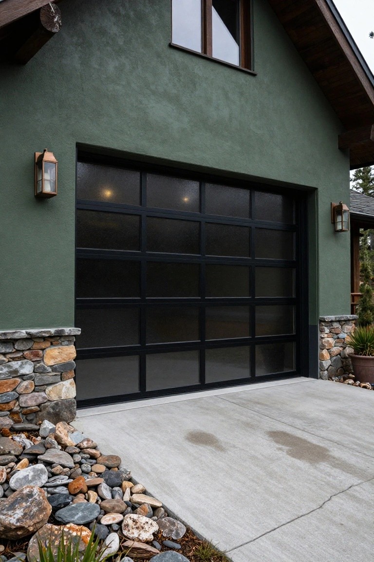 Garage exterior with muted sage green stucco walls, black framed glass door, stone foundation accents, and lantern lights