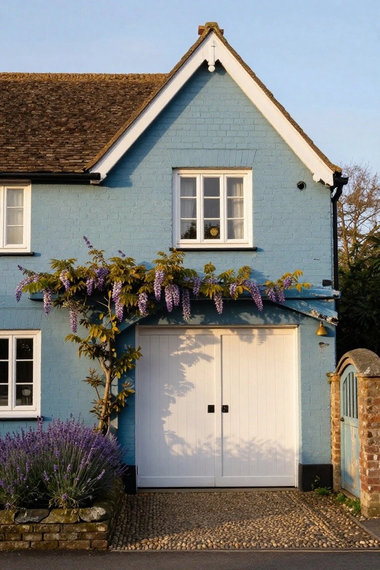 Soft pale blue painted walls on a cottage-style house with white double garage doors and purple wisteria climbing the side