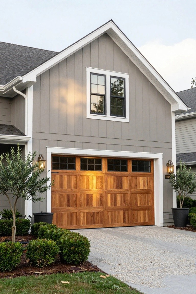 Garage exterior painted in soft warm gray siding with wooden door and white trim