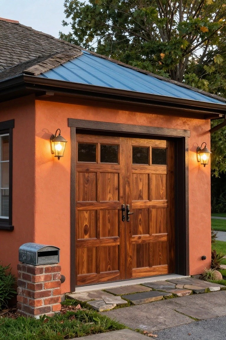 Terracotta stucco garage with wooden paneled doors, wall lanterns, brick mailbox, and stone path