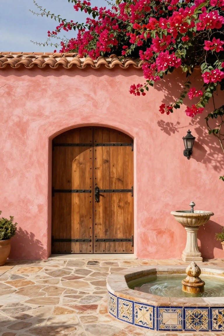Soft terracotta pink stucco wall with arched wooden door, lantern, tiled fountain, and blooming bougainvillea