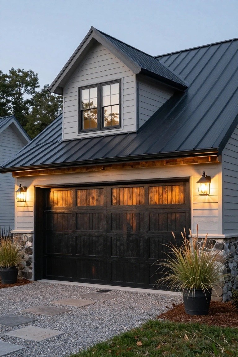 Garage exterior with cool light gray siding, dark wood garage door, stone foundation, and metal roof under evening lights