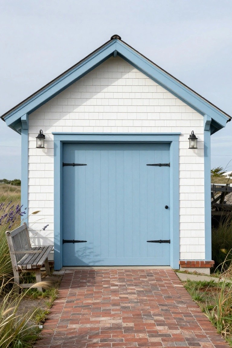 White shingled garage with crisp blue double door and trim, lanterns on sides, brick walkway leading up