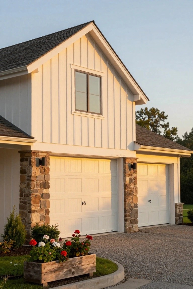 White board-and-batten sided house with double garage doors, stone accents, and flower boxes on a gravel driveway at sunset