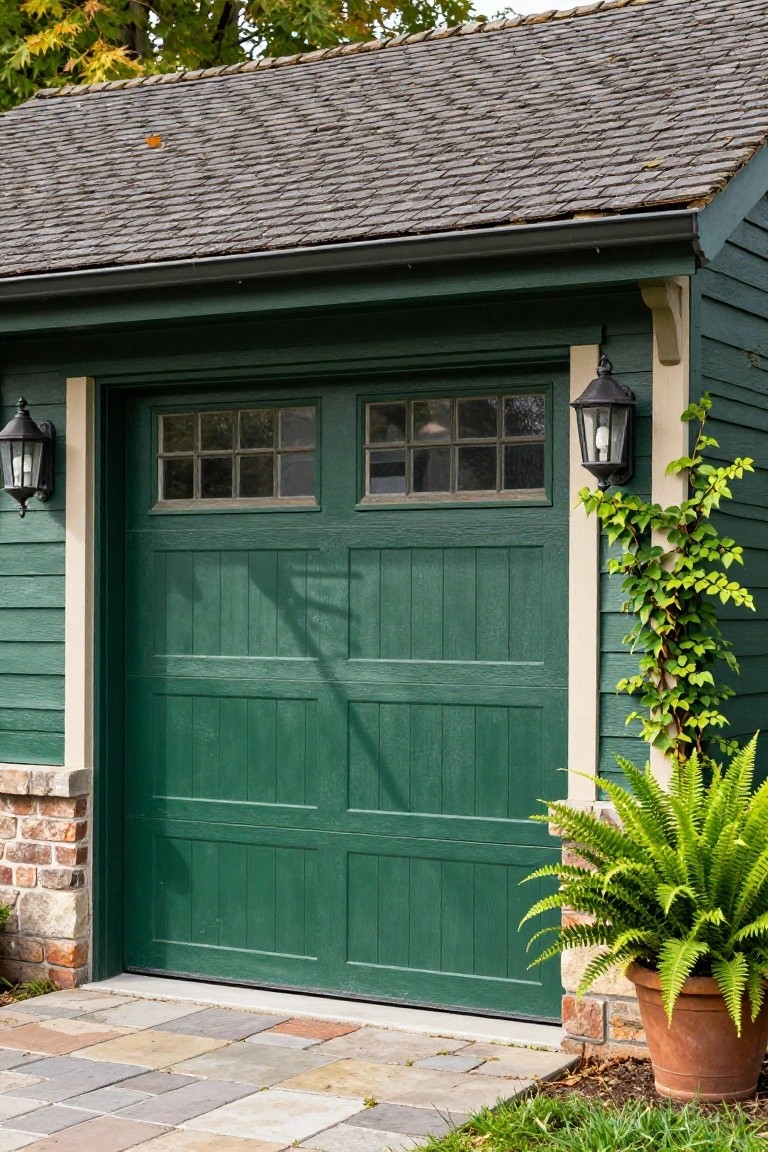 Dark green wooden garage door with glass window panels on a house exterior, accented by black lanterns, ivy, ferns, brick base, and stone pavers