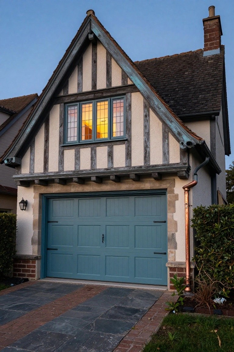 Cozy Tudor home exterior featuring a muted teal garage door against timber framing and stone accents