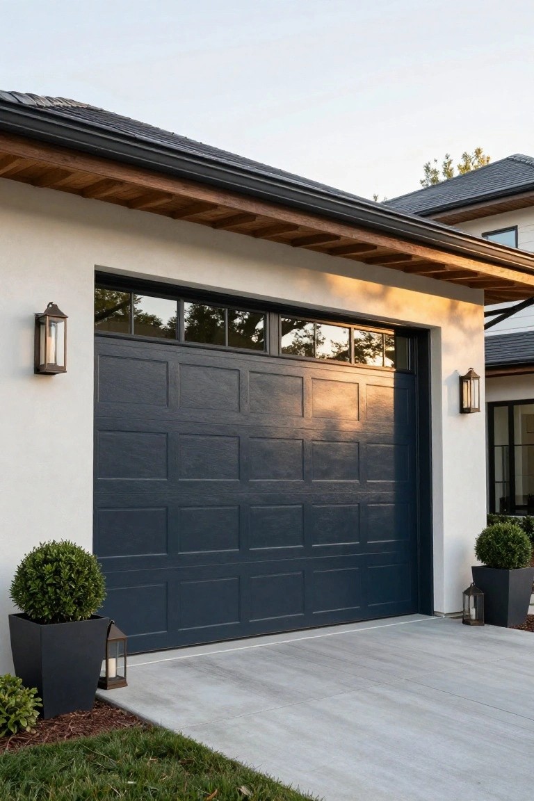 Close-up of a navy blue garage door on a white stucco house with wood accents, lanterns, and potted plants nearby