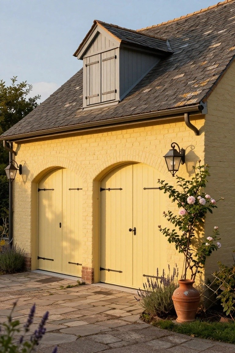 Pale butter yellow painted brick garage with arched yellow doors, wall lanterns, and potted plants on a stone path