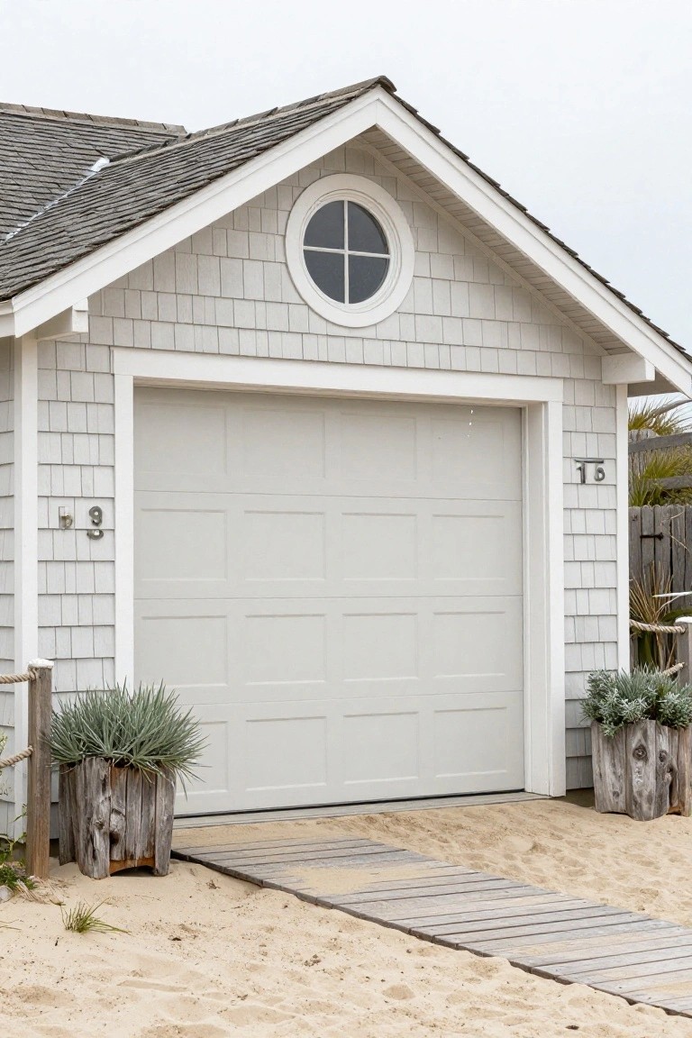 Pale gray shingled garage with large door flanked by potted plants on sandy path