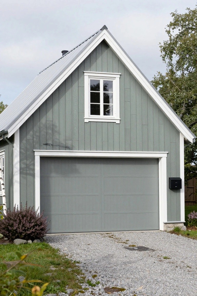 Muted green-gray wooden garage with white trim and matching door under a cloudy sky