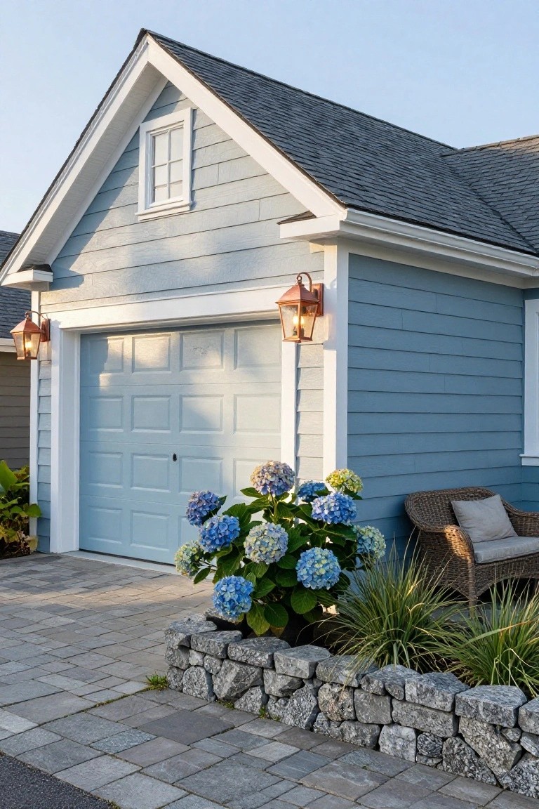 Light blue painted garage exterior with matching door, white trim, stone wall planter, and blue hydrangeas beside a wicker chair