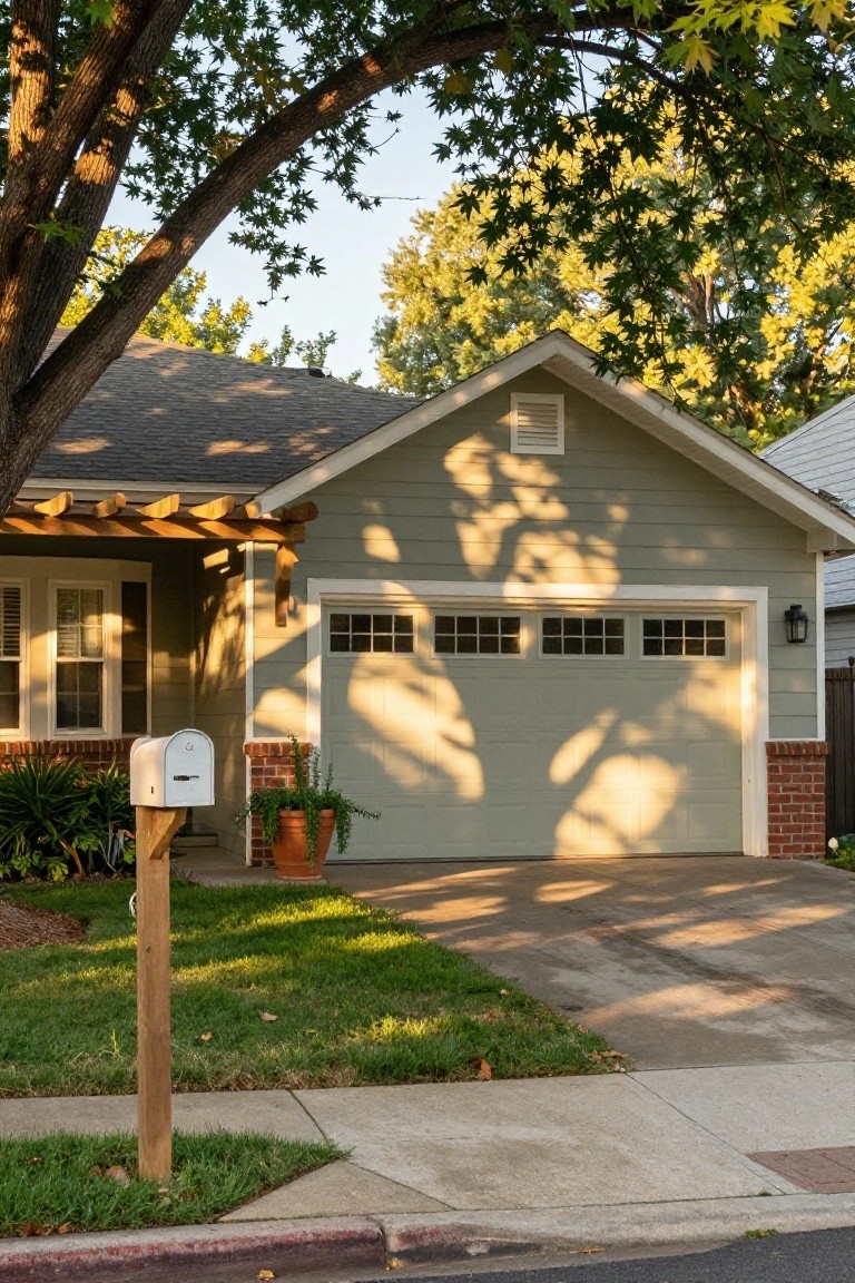 Soft sage green garage door and siding on a suburban home with tree shadows and brick accents