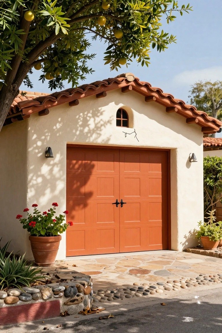 White stucco garage building with bold orange double garage door, terracotta tile roof, flanked by orange trees and potted red flowers on a stone pathway