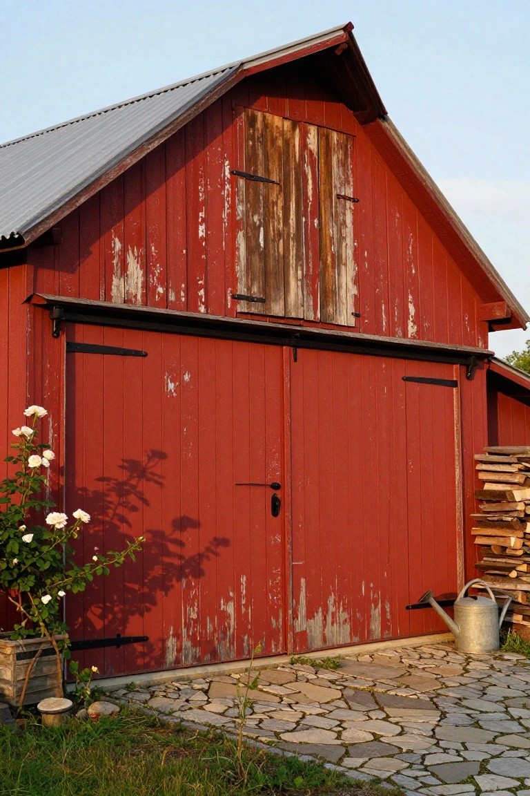Weathered barn red garage exterior with double doors, wood siding, and firewood stack nearby