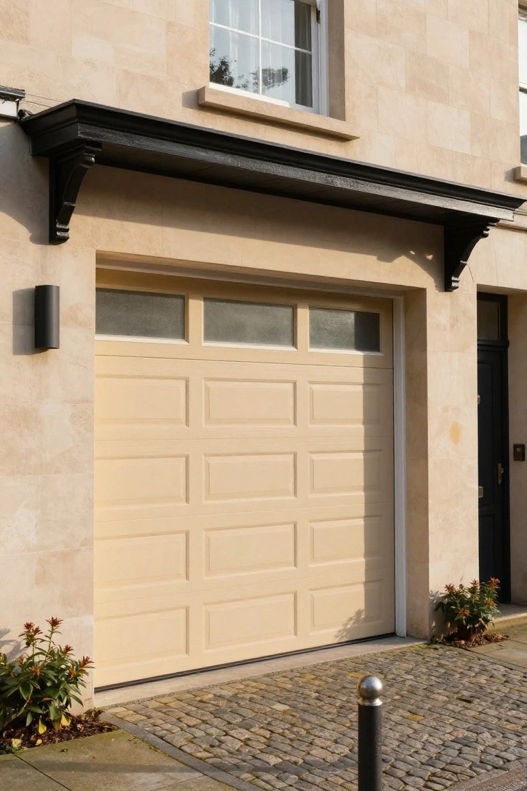 Pale beige garage door on a beige stone house with dark trim and lantern lights