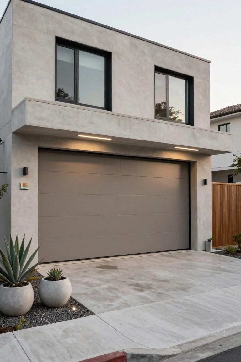 Modern stucco house exterior featuring a warm mid-tone gray garage door flanked by light greige walls, potted agave plants, and a wood fence