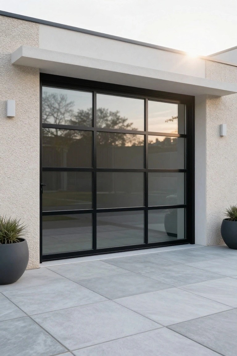 Beige stucco house exterior featuring a large black metal-framed glass garage door with multiple panes, flanked by potted plants on a concrete patio and wall-mounted lights.