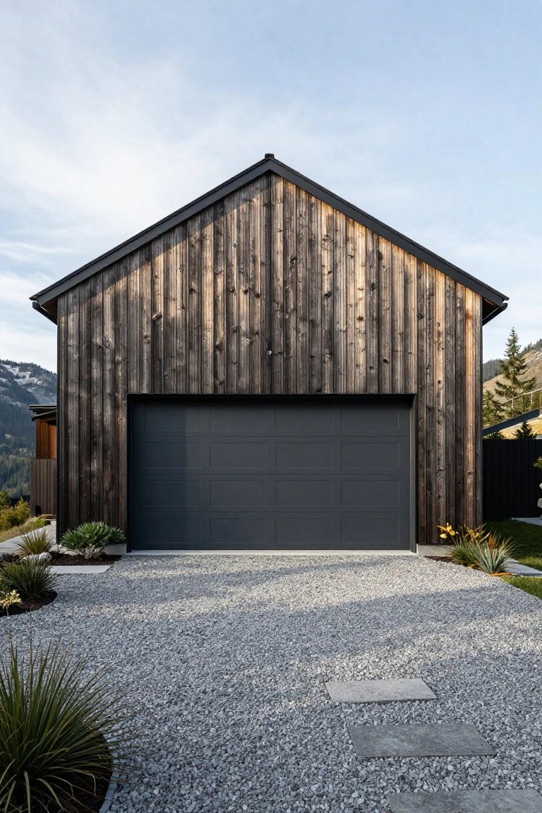 Front exterior of a house with dark vertical wood cladding and a large matte black paneled garage door centered on a gravel driveway, flanked by plants and set against mountains.