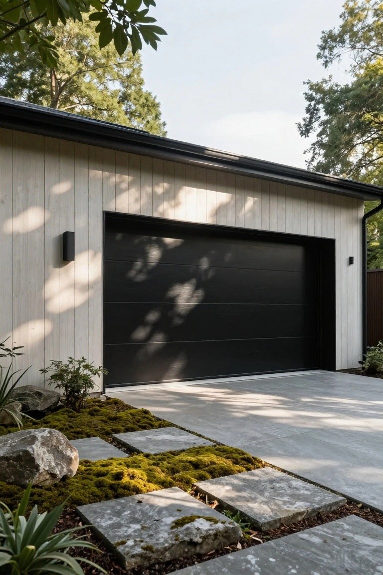 Modern garage featuring a tall black panel door on light vertical wood siding, flanked by wall lights, with overhanging trees and a concrete driveway edged by mossy stone pavers and plants.