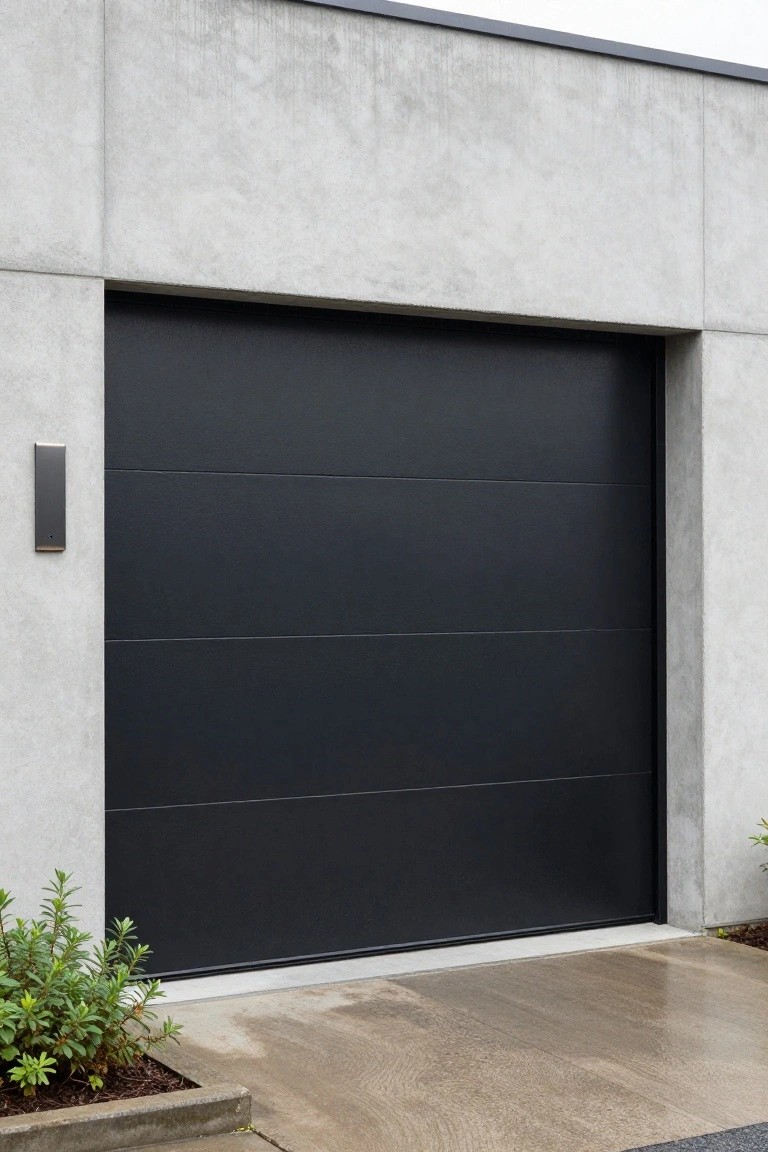 Light gray concrete house wall with a large black horizontal-paneled garage door, small green plants in a bed beside the driveway, and wet concrete pavement.