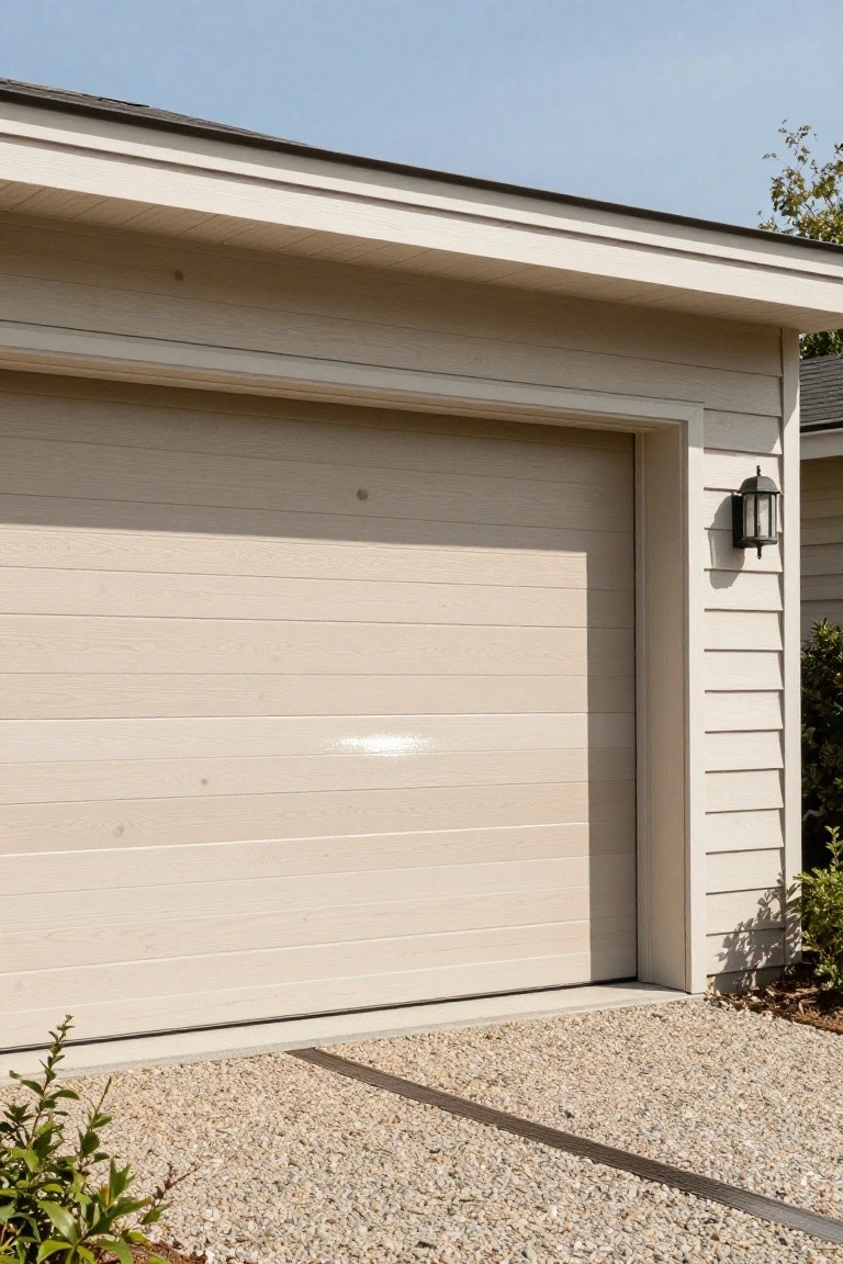 Beige garage door with horizontal wood-like panels on a light beige house exterior, next to a gravel driveway, small bushes, and a black lantern light on the wall.