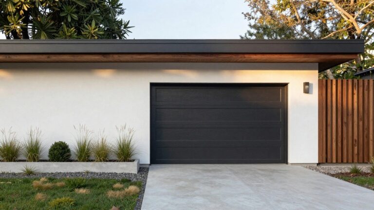 24 Minimalist Garage Door Ideas For A Clean And Serene Aesthetic White stucco house exterior with a tall vertical-plank wooden garage door under a wood overhang, boxwood shrubs nearby, and gravel pathway leading up.