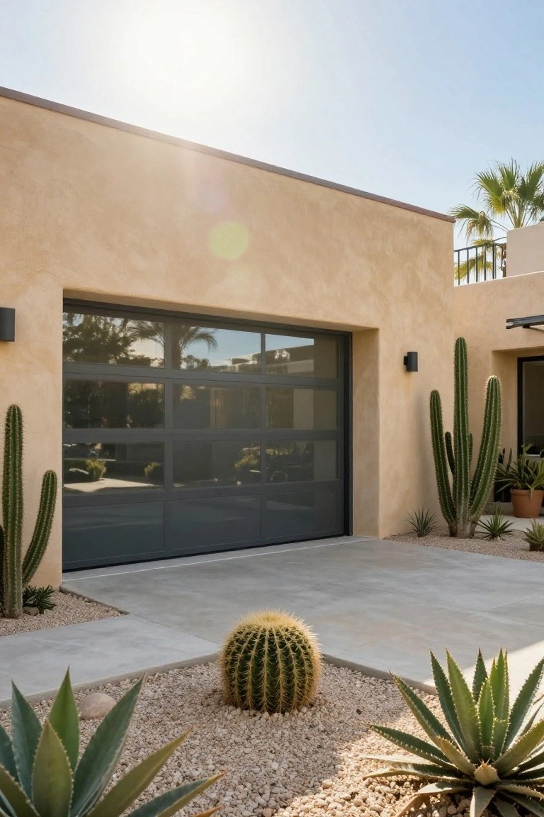 Beige stucco house exterior with a large dark gray frosted glass garage door, flanked by tall cacti and agave plants in a gravel yard under clear sunny skies.