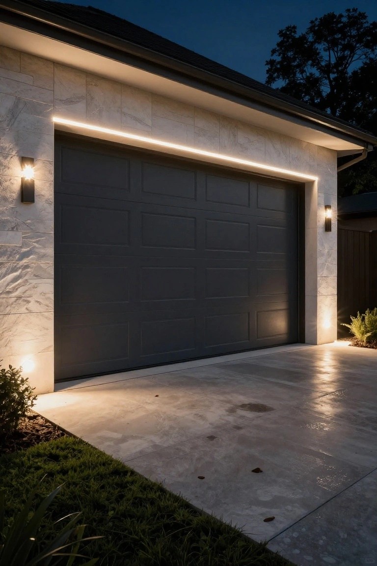 Night photo of a dark gray paneled garage door with thin white LED strip lighting along the top edge, light stone walls, matching wall sconces, concrete driveway, and low landscaping.