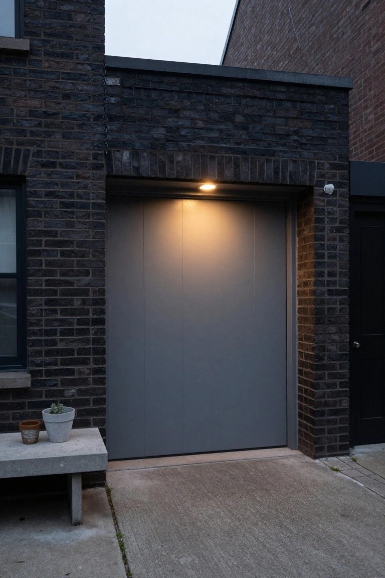 Dark brick house exterior with a large closed matte gray garage door lit by an overhead wall light, a security camera mounted above, concrete bench, and potted plant to the side.