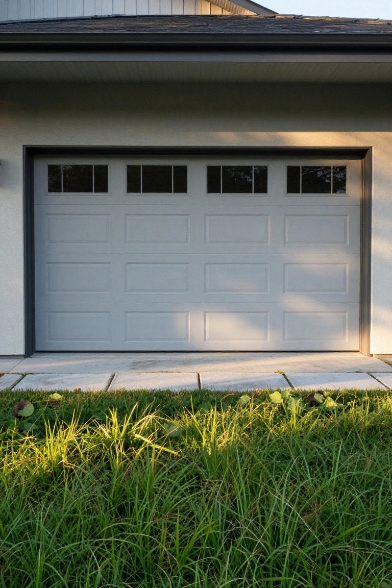 Light gray garage door with four rectangular windows featuring divided grids, set into a neutral garage facade, with green grass growing in the foreground.