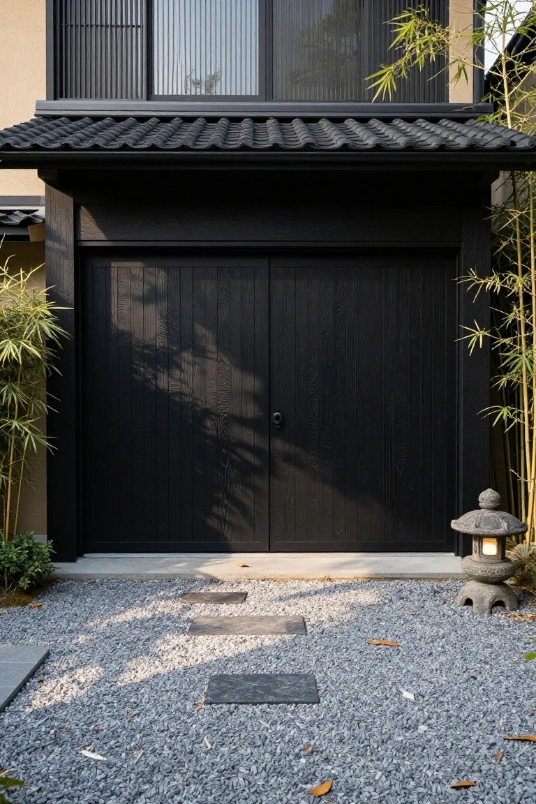 Japanese-style home exterior with large black double garage doors centered under a dark tiled roof, flanked by bamboo plants, stone lantern nearby, gravel ground, and stepping stone path.