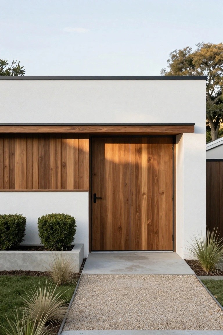 White stucco house exterior with a tall vertical-plank wooden garage door under a wood overhang, boxwood shrubs nearby, and gravel pathway leading up.