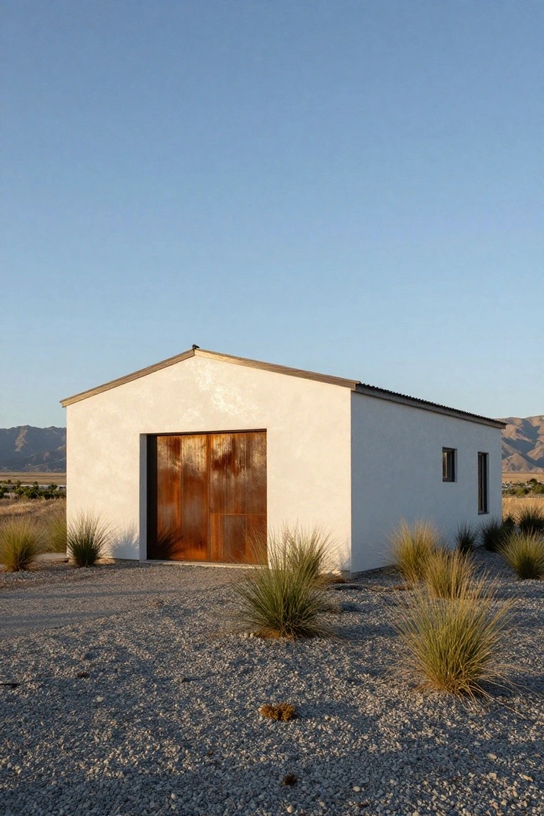 White stucco garage building with large reddish-brown metal roll-up door, gravel yard, desert grasses, and distant mountains under clear sky.