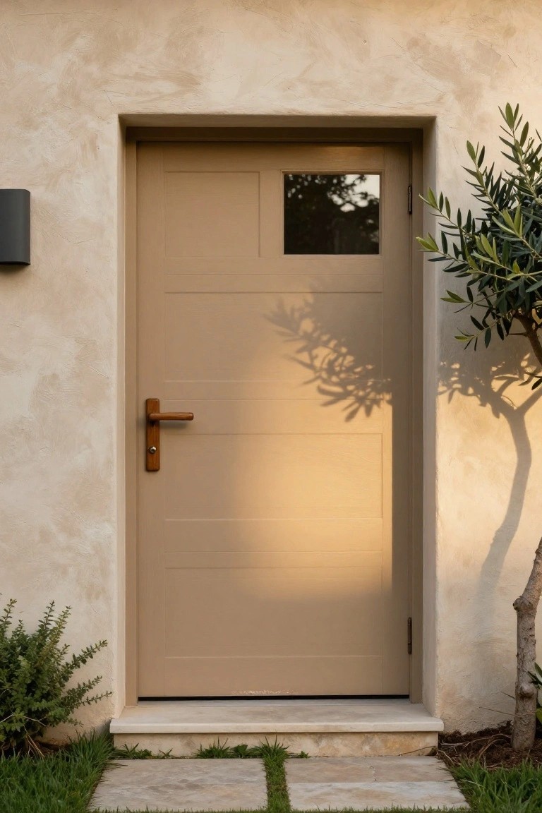 Light beige door with horizontal recessed panels and small upper window set flush into beige stucco wall, olive tree casting shadow on door, wall light, stone steps, and plants nearby.