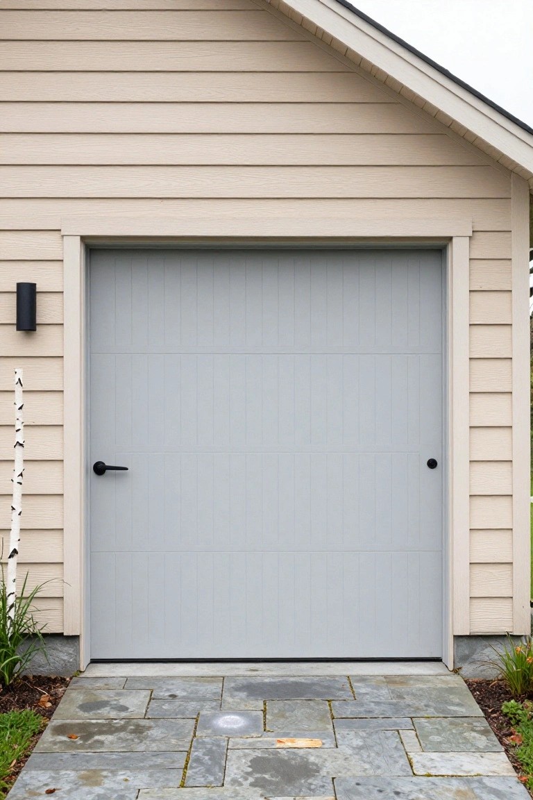 Beige shingle-style house exterior featuring a light gray paneled garage door with black handles and sconce light beside a slate stone pathway.