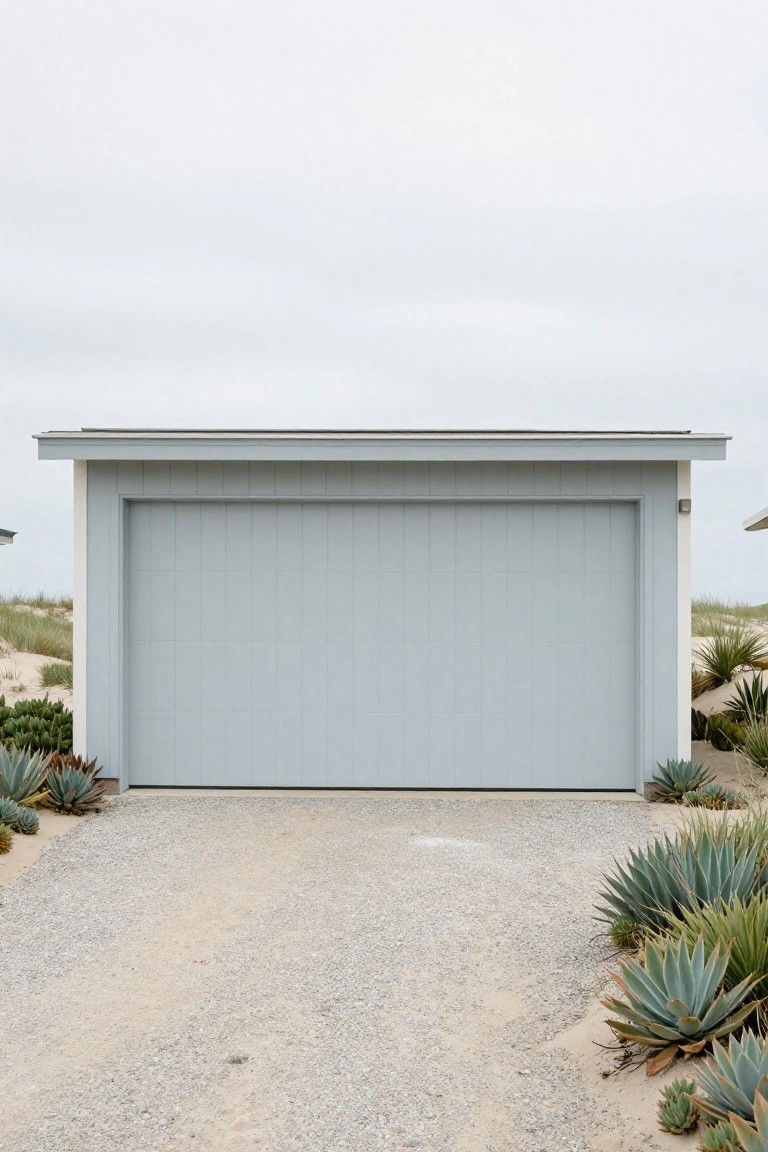A light gray vertical-paneled garage door centered on a gravel driveway, flanked by clusters of spiky agave plants against a sandy beachside background.