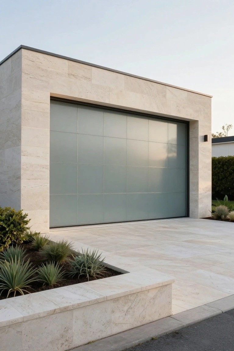 Modern garage exterior with large teal-tinted glass panel door framed by beige stone walls, stone-paved driveway, raised succulent planters, and hedge plantings.