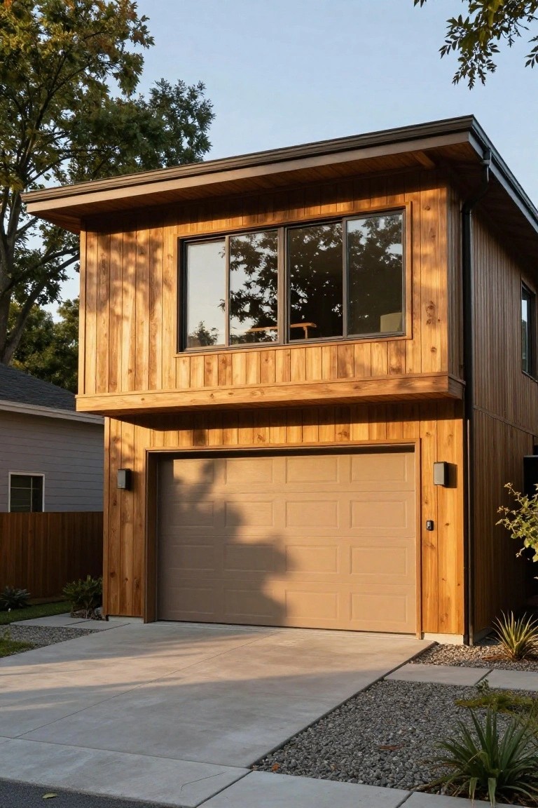 A two-story modern house with vertical cedar wood siding, a beige paneled garage door recessed under the upper level, black wall-mounted lights on either side of the door, a concrete driveway, and sparse landscaping with gravel and plants.