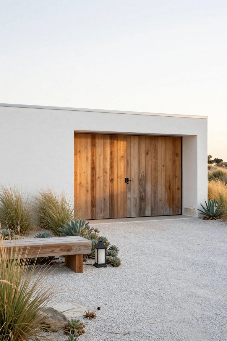White stucco house exterior with recessed double wooden plank garage door, gravel driveway edged by tall grasses and agave plants, wooden bench, and lanterns.