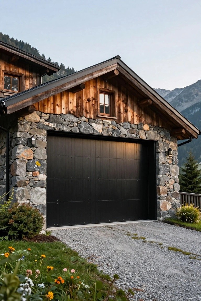 Chalet-style house with wooden upper facade and steep roof, featuring a large black paneled metal garage door set into a stone wall garage, gravel driveway, shrubs, and flowers in front of mountains.