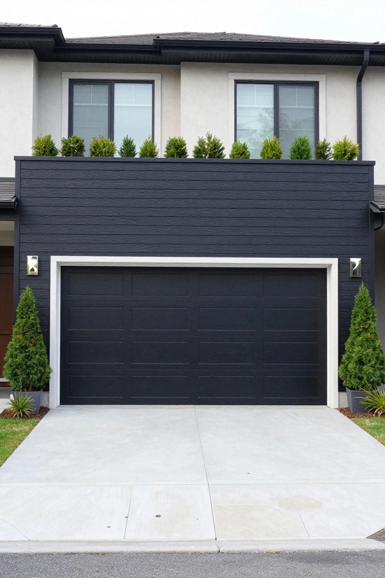 Modern two-car matte black garage door centered under dark charcoal siding with a planter box of greenery above, white-trimmed windows, and potted evergreen trees flanking the concrete driveway.