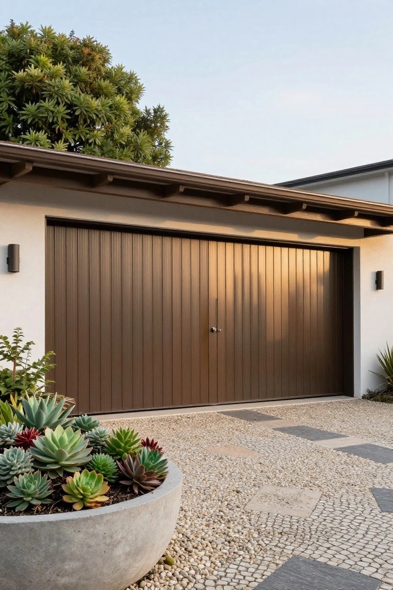 Modern brown garage door with succulent garden and pebble driveway.