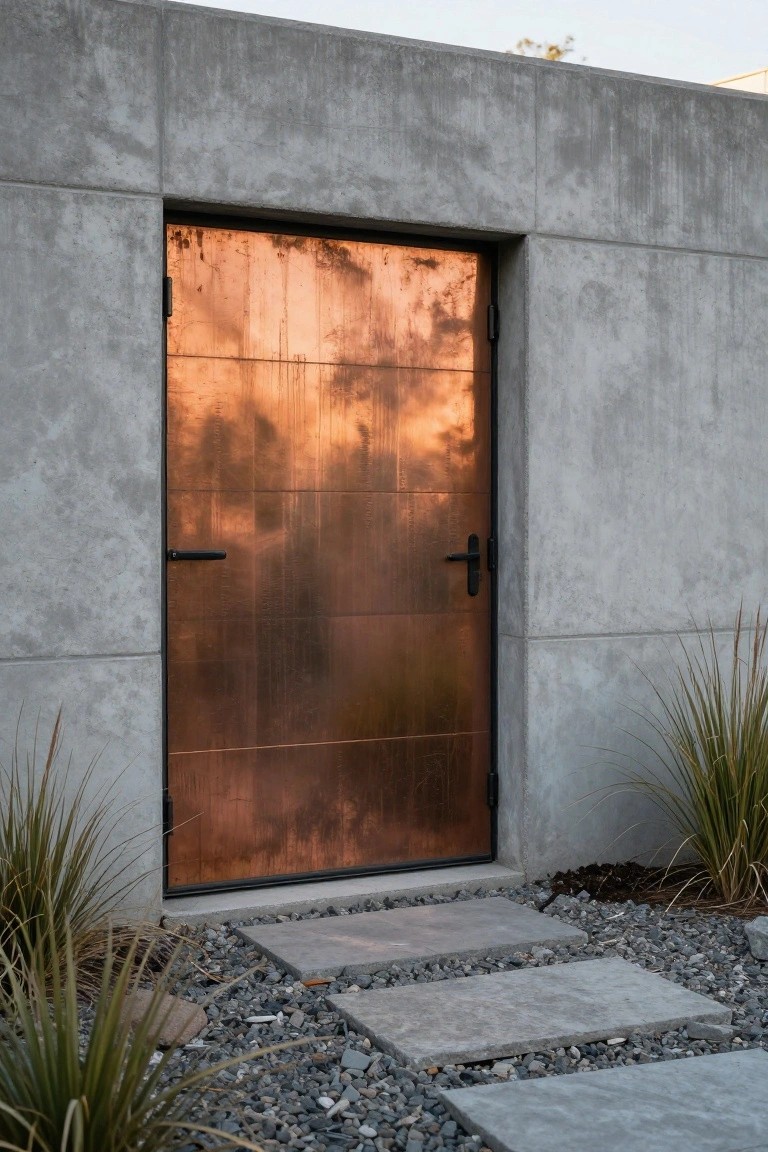 A tall copper-toned metal door embedded in a gray concrete wall, with ornamental grasses and a pebbled stone pathway in front.