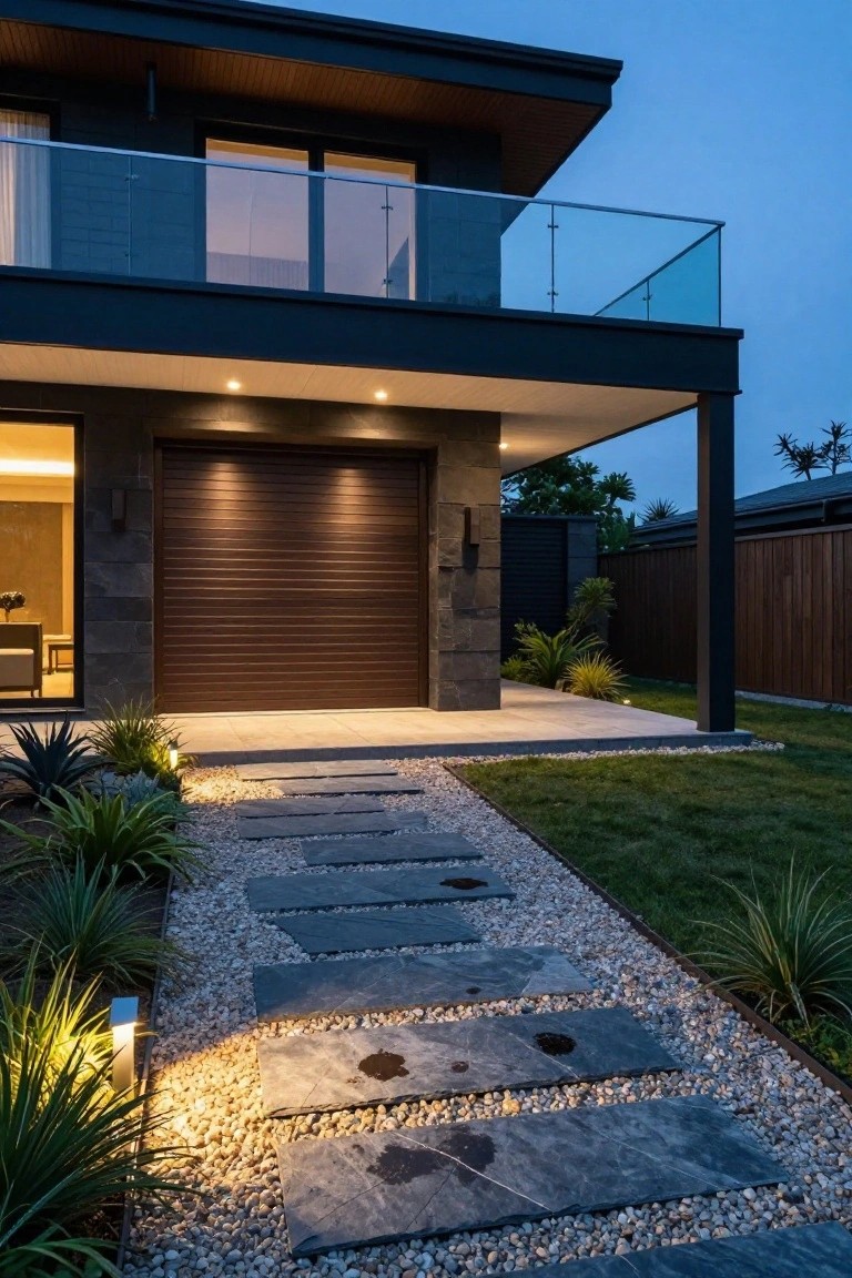 Modern two-story house exterior at dusk with dark textured garage door open, black cladding, glass balcony railing, stone pathway with lights, agave plants, and pebble garden bed.