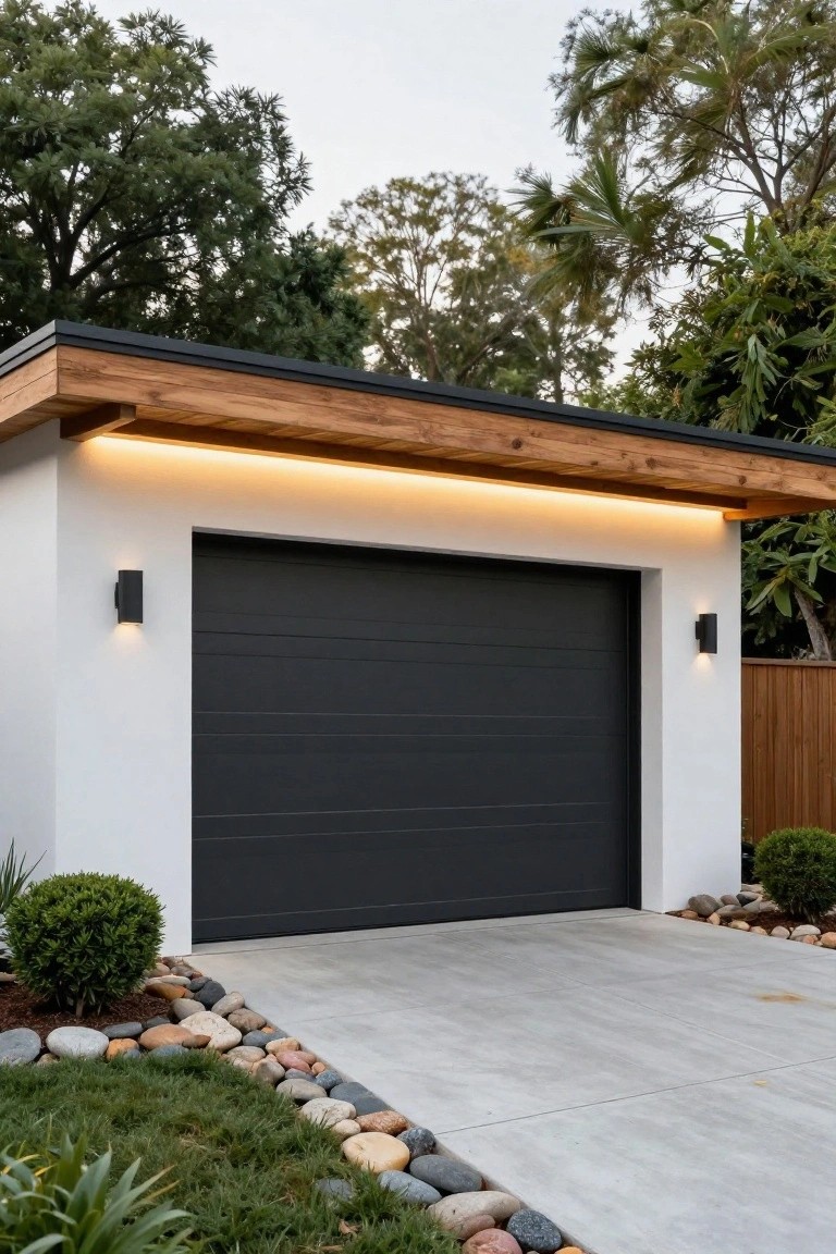 White modern garage with dark gray paneled metal door, wooden roof overhang featuring LED strip lighting underneath, black wall sconces on sides, concrete driveway edged with rocks and plants, and wood fence in background.