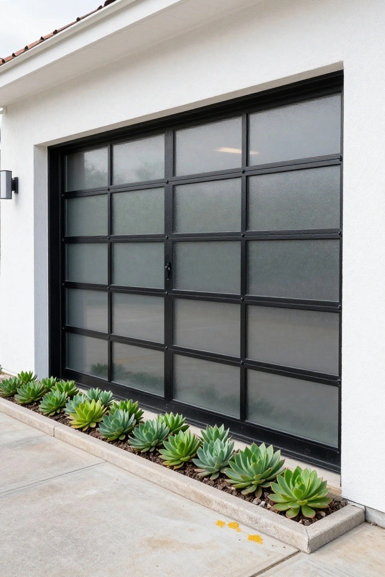 White stucco garage exterior with large black metal garage door featuring multiple frosted glass panels in a grid pattern, succulent plants in a linear planter box at the base, and concrete driveway surface.