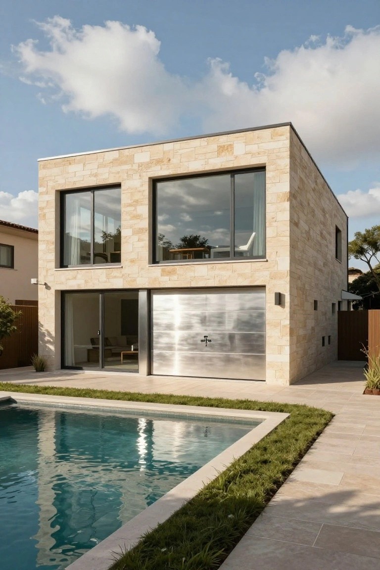 Beige stone house exterior featuring a large reflective metal garage door, sliding glass doors, large windows, and a swimming pool in the foreground.