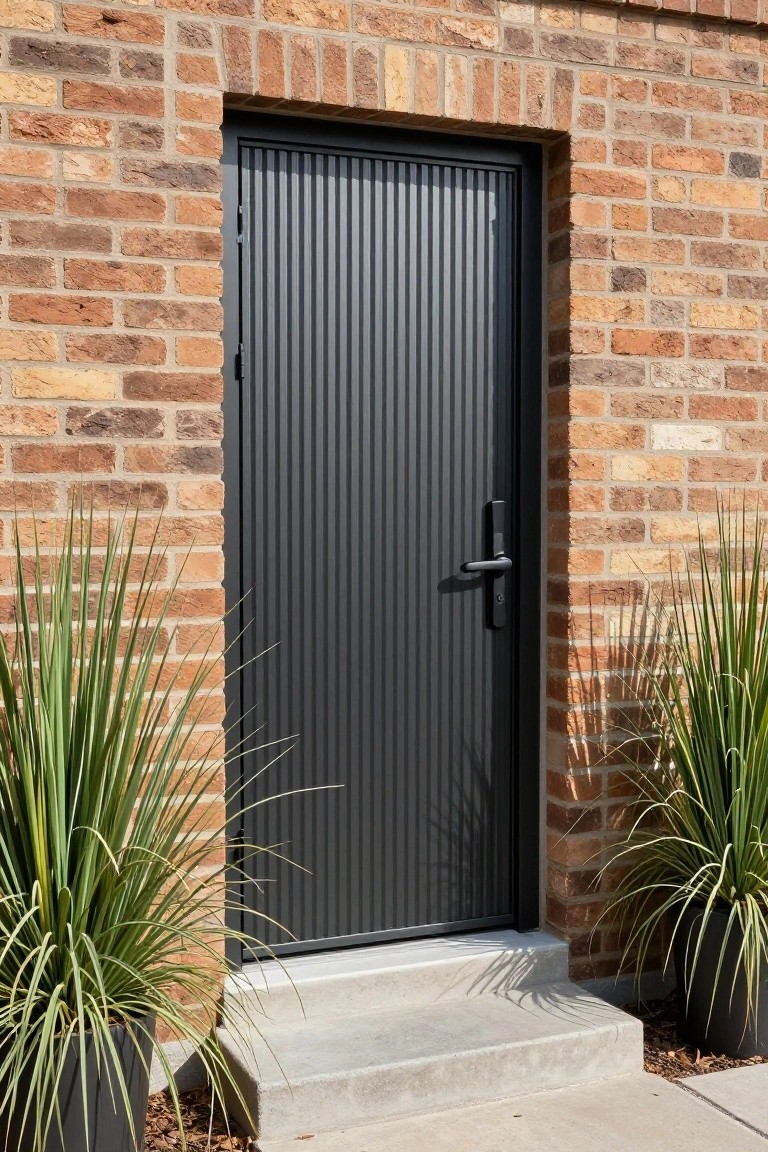 Black vertically ribbed metal door set into a red brick wall, with tall potted yucca plants on either side and a concrete step leading to a path.