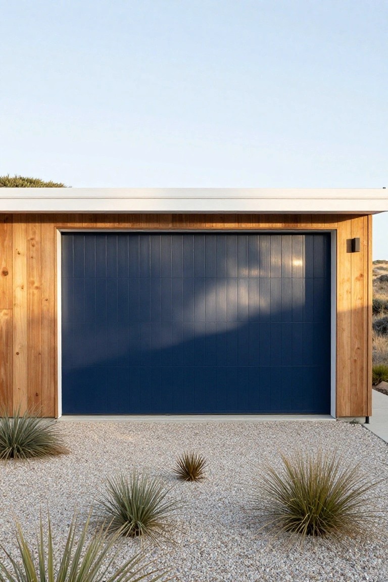 Modern house with blue garage door, wood siding, and desert landscaping.