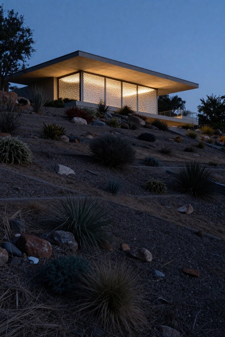 Modern single-story house on a rocky hillside at dusk with large horizontal perforated metal screen over glass panels and surrounding desert plants.